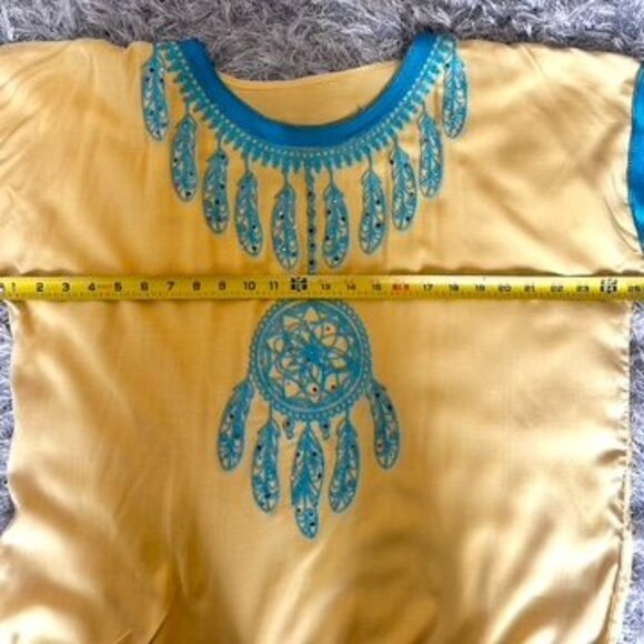Hand Embroidered Yellow Tunisian Jebba Kaftan Dress With Blue Hamsa Size L/XL - Picture 4 of 6